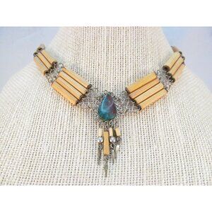 Vintage Bamboo Tube Beads with Turquoise Gemstone Pendant Choker Necklace